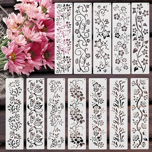 استنسل نسيج هندسي للرسم، 12 قطعة 11.8 × 3 استنسل حدود زخرفية بلاستيكية للحرف اليدوية قابلة لإعادة الاستخدام، قوالب رسم للرسم على أثاث قماش الحائط الخشبي، ديكور المنزل بنفسك in Kuwait