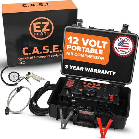 EZ FLATE C.A.S.E. ضاغط هواء 12 فولت مدمج في حقيبة شديدة التحمل | ضاغط هواء مزدوج | 10.6 قدم مكعب في الدقيقة | ضاغط هواء للطرق الوعرة 4x4 |150 رطل لكل بوصة مربعة | منفاخ محمول مزود بمقياس للضغط in Kuwait