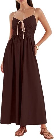 Women's V Neck Spaghetti Strap Maxi Dress Front Tie Backless Elastic Waist Casual Flowy Boho Beach Vacation Sundress in Saudi Arabia