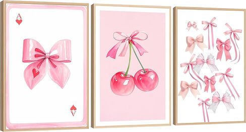 بورميبون 3 قطع Coquette Pink Bow Canvas جدار الفن، الكرز الوردي جدار ديكور ملصق لغرفة الفتيات، Preppy القوس صورة جدار ديكور لغرفة النوم غرفة المعيشة غرفة الطعام in Kuwait