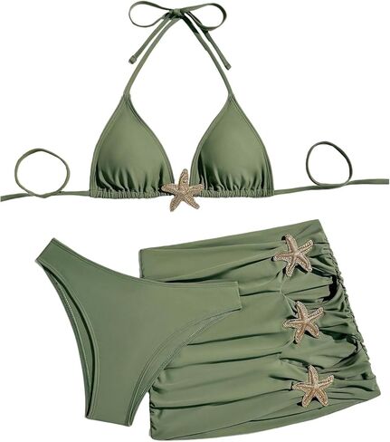 Verdusa Women's 3 Piece Boho Starfish Halter Bikini Set Tie Backless Swimsuit with Beach Cover Up Skirt in Kuwait