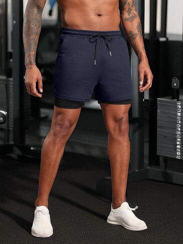 Mens 2 in 1 Running Shorts with Pockets Summer Lightweight Elastic Waist Mens Shorts for Gym Sport Training in Saudi Arabia