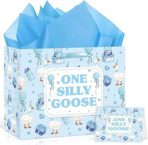 حقيبة هدايا عيد الميلاد الأولى من Woosytoo One Silly Goose للفتيات الصغيرات، حقيبة هدايا عيد ميلاد كبيرة من الإوزة الوردية مع ورق تغليف وبطاقة للفتيات في عمر عام واحد، لوازم حفلات استقبال المولود الجديد in Kuwait