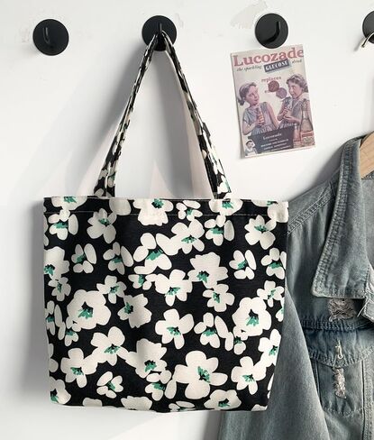 Large Canvas Tote Bag Floral Shoulder Handbag, Lightweight Carry Bag for Travel and Daily Use in Saudi Arabia