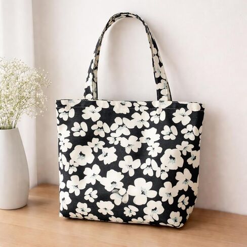 Large Canvas Tote Bag Floral Shoulder Handbag, Lightweight Carry Bag for Travel and Daily Use in Saudi Arabia