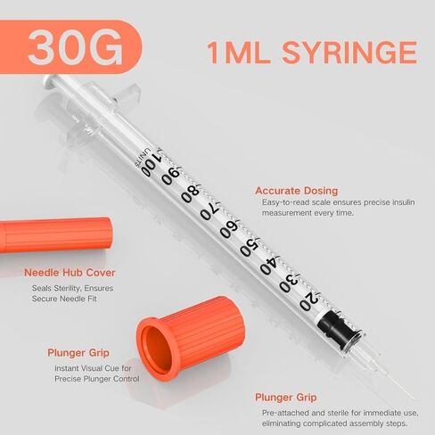 1ml/cc Disposable Syringe with 30G 5/16" (8mm) Needle | 30 Pack Individually Wrapped | U-100 Lab Supplies in Saudi Arabia