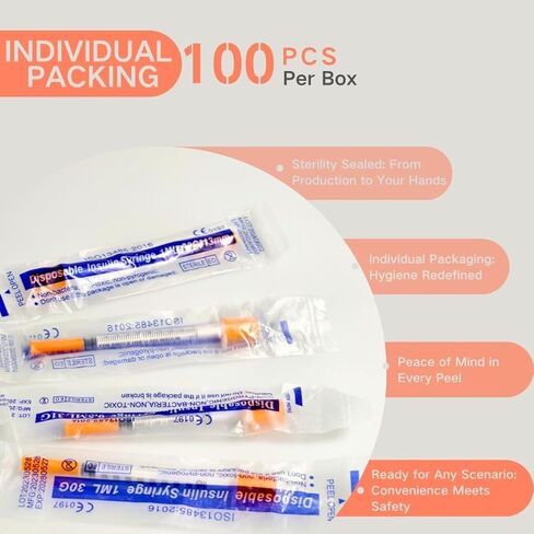 1ml/cc Disposable Syringe with 30G 5/16" (8mm) Needle | 30 Pack Individually Wrapped | U-100 Lab Supplies in Saudi Arabia