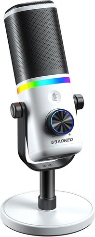 Aokeo AK-10 USB Gaming Microphone with mic arm, Condenser Microphone for PC/MAC/PS4/PS5/Phone-Cardioid Mic with RGB Lighting（White） in Saudi Arabia