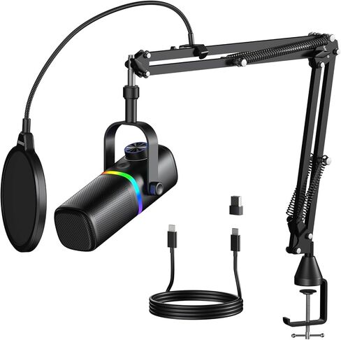 Aokeo AK-10 USB Gaming Microphone with mic arm, Condenser Microphone for PC/MAC/PS4/PS5/Phone-Cardioid Mic with RGB Lighting（White） in Saudi Arabia