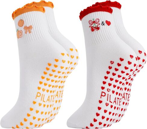 Jspupifip 2 Pairs Cherry Bow Pilates Socks with Grip for Women Embroidery Non Slip Yoga Socks for Barre Workout Hospital in Saudi Arabia