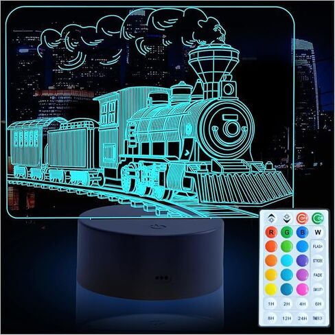 مصباح ليلي للقطار، مصباح ليلي LED ثلاثي الأبعاد للأولاد - مصابيح غرفة نوم بطابع القطار، مصباح وهمي بصري مع جهاز تحكم عن بعد، مثالي لديكور غرفة الأطفال، هدايا رائعة لمحبي القطار in Kuwait