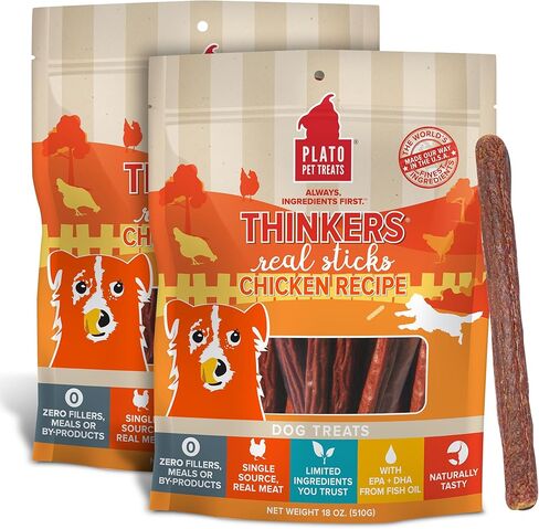 PLATO Pet Treats Thinkers - مكافآت أعواد اللحم للكلاب - مكافآت الكلاب ذات المكونات المحدودة مع EPA وDHA لدعم الجلد والمعطف والدماغ - مكافآت الكلاب المجففة بالهواء - لحم الضأن المفكر 18oz - عبوتان in Kuwait