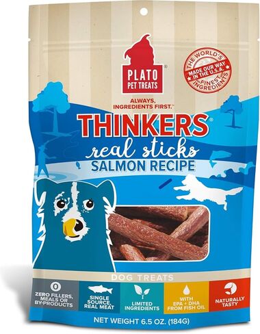 PLATO Pet Treats Thinkers - مكافآت أعواد اللحم للكلاب - مكافآت الكلاب ذات المكونات المحدودة مع EPA وDHA لدعم الجلد والمعطف والدماغ - مكافآت الكلاب المجففة بالهواء - لحم الضأن المفكر 18oz - عبوتان in Kuwait