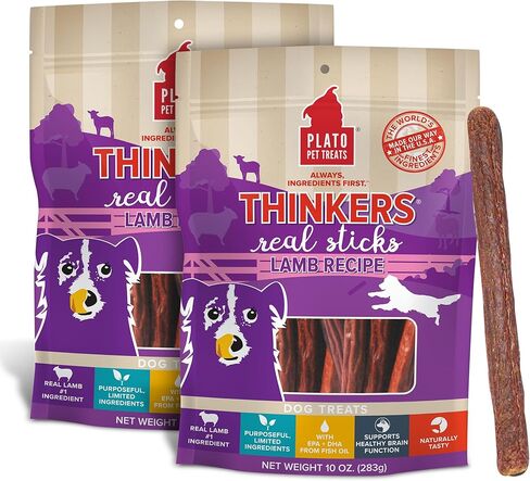 PLATO Pet Treats Thinkers - مكافآت أعواد اللحم للكلاب - مكافآت الكلاب ذات المكونات المحدودة مع EPA وDHA لدعم الجلد والمعطف والدماغ - مكافآت الكلاب المجففة بالهواء - لحم الضأن المفكر 18oz - عبوتان in Kuwait