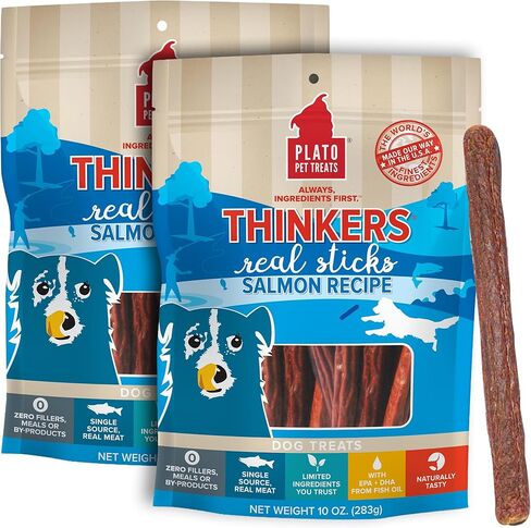 PLATO Pet Treats Thinkers - مكافآت أعواد اللحم للكلاب - مكافآت الكلاب ذات المكونات المحدودة مع EPA وDHA لدعم الجلد والمعطف والدماغ - مكافآت الكلاب المجففة بالهواء - لحم الضأن المفكر 18oz - عبوتان in Kuwait