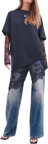 Verdusa Women's Oversized Tshirts Long Sleeve Lace Asymmetrical Tops Tshirt Dress Going Out in Saudi Arabia