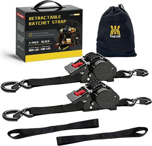 Retractable Ratchet Straps (2-Pack) - 1'' x 11.5' (1,800lb Break Strength) - Heavy Duty Auto Self Retracting Tie Down Straps for Truck, Cargo Trailer, Motorcycle, Rad & More - Black in Saudi Arabia
