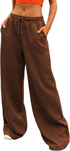 Mxiqqpltky واسعة الساق Sweatpants النساء الخريف الرباط مرونة الخصر مستقيم فضفاض بنطلون طويل وواسع ركض السببية مع جيوب in Kuwait