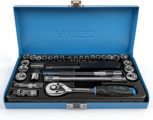 مجموعة مفاتيح ربط بسقاطة بمقبس محرك 1/4 بوصة من FIXTEC، مجموعة مقبس متري ولقم مع قضبان تمديد، ومفاصل عالمية وحقيبة تخزين، مجموعة أدوات فولاذية CR-V لإصلاح السيارات وصيانة المنزل in Kuwait