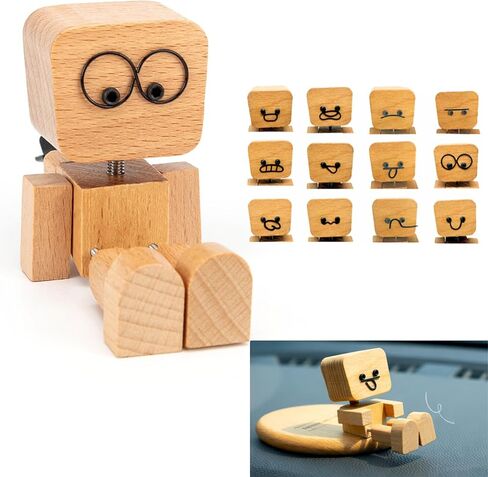 Shaking Feet Wooden Man Figurine with Spring Legs, Cute Wobbly Wooden Statue for Car Dashboard & Desk Decor, Customizable Face Expression Doll with Storage Box, Fun Gift for Drivers & Friends in Saudi Arabia
