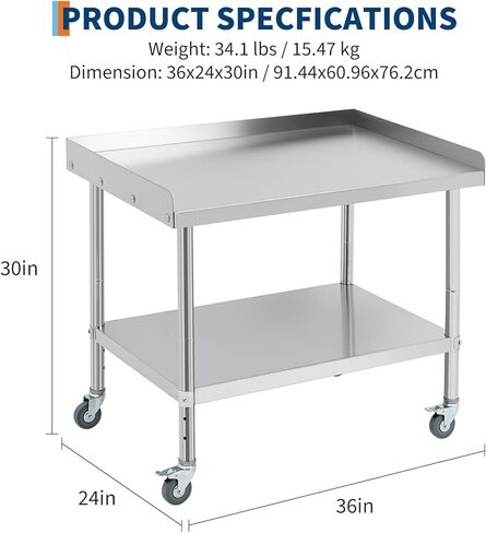 CABIHOME 28x24 Heavy-Duty Commercial Stainless Steel Prep Table on Wheels with Adjustable Undershelf & Removable Backsplash — Sturdy 440 LBS Capacity Workstation for Kitchens, Restaurants & Garages in Saudi Arabia