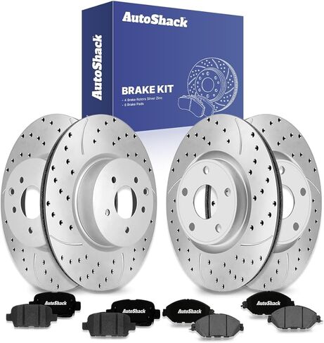 دوارات الفرامل المطلية بالزنك الفضية ذات فتحات تهوية أمامية وخلفية من AutoShack + وسادات سيراميك ممتازة طقم فرامل 12 قطعة بديلة لـ 2013-2020 Nissan Pathfinder SilverShield Pro in Saudi Arabia