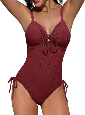 Women's Ribbed One Piece Swimsuit Tummy Control Slimming High Cut Bathing Suit O-Ring Tie Cutout Push Up Swimwear in Saudi Arabia