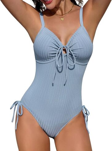 Women's Ribbed One Piece Swimsuit Tummy Control Slimming High Cut Bathing Suit O-Ring Tie Cutout Push Up Swimwear in Saudi Arabia