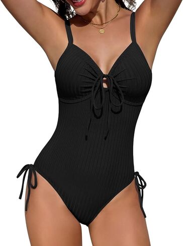 Women's Ribbed One Piece Swimsuit Tummy Control Slimming High Cut Bathing Suit O-Ring Tie Cutout Push Up Swimwear in Saudi Arabia