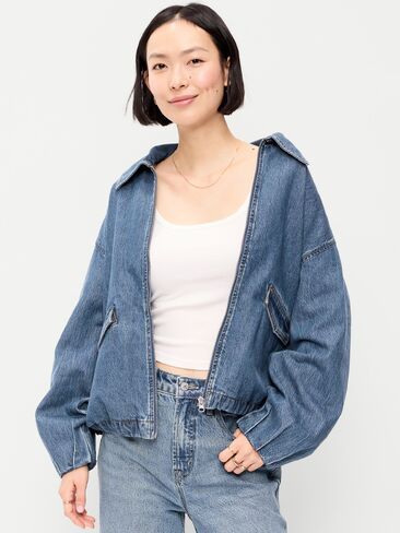 جاكيت جينز هارينجتون بسحاب كامل من Old Navy - دينم in Kuwait