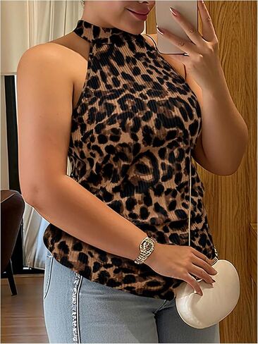 SweatyRocks Women's Plus Size Leopard Mock Neck Halter Tops Ruched Asymmetrical Y2k Tank Top in Saudi Arabia