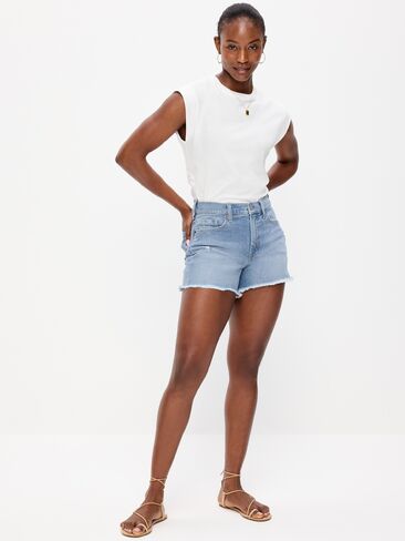 Old Navy Curvy High-Waisted OG Jean Cut-Off Shorts -- 4-inch inseam - Indigo Shreds in Saudi Arabia