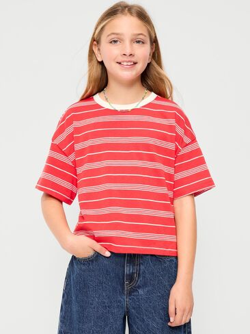 Old Navy Oversized Short-Sleeve Cropped T-Shirt for Girls - Red Stripes in Saudi Arabia