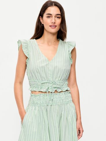 بلوزة من قماش البوبلين بأكمام رفرفة من Old Navy - شريط أبيض/أخضر in Saudi Arabia