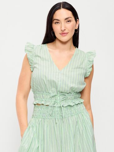 بلوزة من قماش البوبلين بأكمام رفرفة من Old Navy - شريط أبيض/أخضر in Saudi Arabia