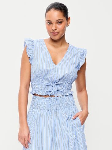 بلوزة من قماش البوبلين بأكمام رفرفة من Old Navy - شريط أبيض وأزرق in Saudi Arabia