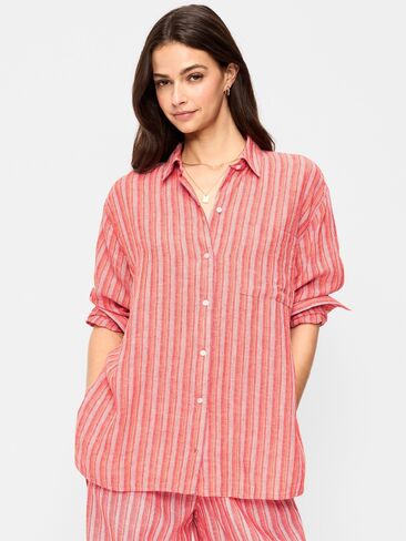 قميص فضفاض بأزرار من مزيج الكتان من Old Navy - شريط برتقالي in Saudi Arabia