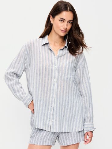 قميص Old Navy من مزيج الكتان فضفاض بأزرار - شريط أزرق in Saudi Arabia