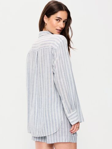 قميص Old Navy من مزيج الكتان فضفاض بأزرار - شريط أزرق in Saudi Arabia