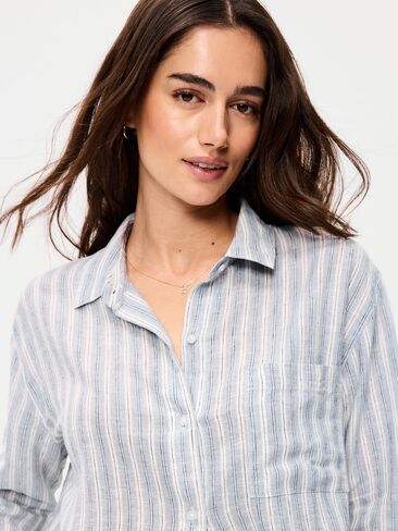 قميص Old Navy من مزيج الكتان فضفاض بأزرار - شريط أزرق in Saudi Arabia