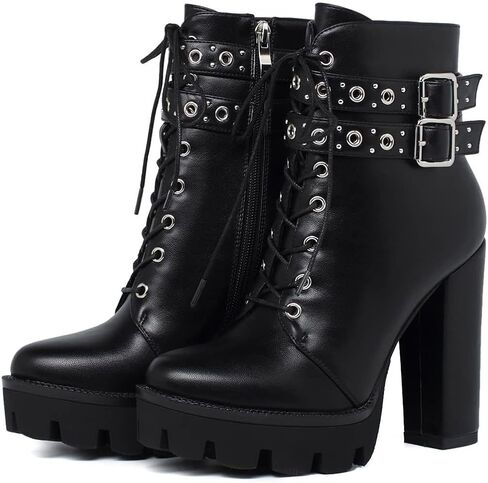 KiutSymo Gothic Ankle Boots For Women Studded Buckle Straps Chunky High Heels Platform Boots Lace Up Punk Combat Boots in Saudi Arabia