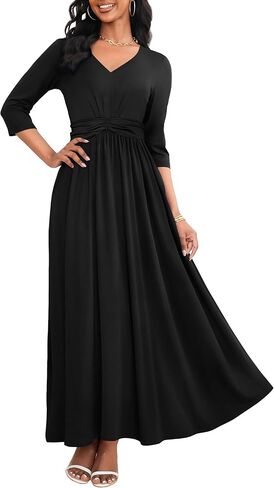 FANDEE Casual Maxi Dress for Women Summer Wtih Pockets 3/4 Sleeve V Neck Elastic High Waist Elegant Pleated A-Line Dresses in Saudi Arabia