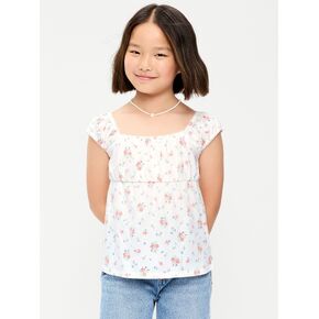 Old Navy Printed Short-Sleeve Scallop-Trim Top for Girls - White Ditsy Floral in Kuwait