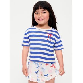 تي شيرت برسومات قصيرة الأكمام للفتيات الصغيرات من Old Navy Boxy - شريط أبيض وأزرق in Kuwait