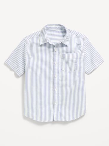 قميص أكسفورد بجيوب مخططة بأكمام قصيرة من Old Navy للأولاد - كلمة شريطية باللون الأبيض/الأزرق in Saudi Arabia