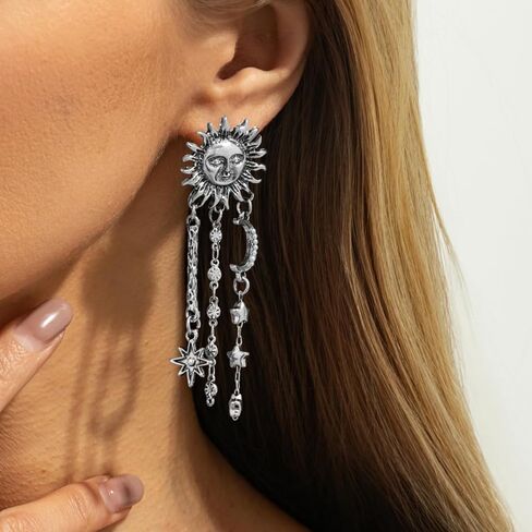 Celestial Sun Moon Star Earrings Dangle Boho Goth Asymmetric Crescent Moon Star Pearl Earrings for Women Vintage Gold Silver Long Tassel Earrings Jewelry Gifts in Saudi Arabia