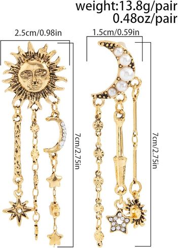Celestial Sun Moon Star Earrings Dangle Boho Goth Asymmetric Crescent Moon Star Pearl Earrings for Women Vintage Gold Silver Long Tassel Earrings Jewelry Gifts in Saudi Arabia