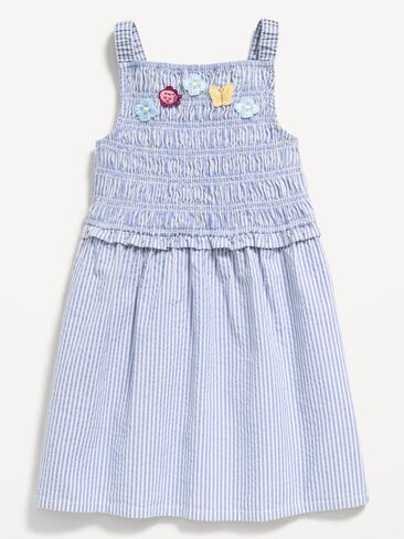 Old Navy Sleeveless Smocked Textured Dress for Toddler Girls - Blue Stripe in Saudi Arabia