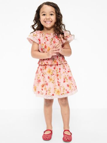طقم تنورة وتنورة بأكمام قصيرة مطبوعة من Old Navy للفتيات الصغيرات - زهور وردية in Saudi Arabia