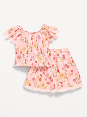 طقم تنورة وتنورة بأكمام قصيرة مطبوعة من Old Navy للفتيات الصغيرات - زهور وردية in Saudi Arabia